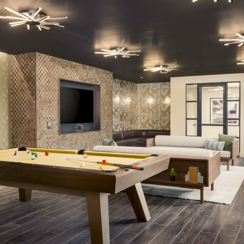 a room with a pool table and couches