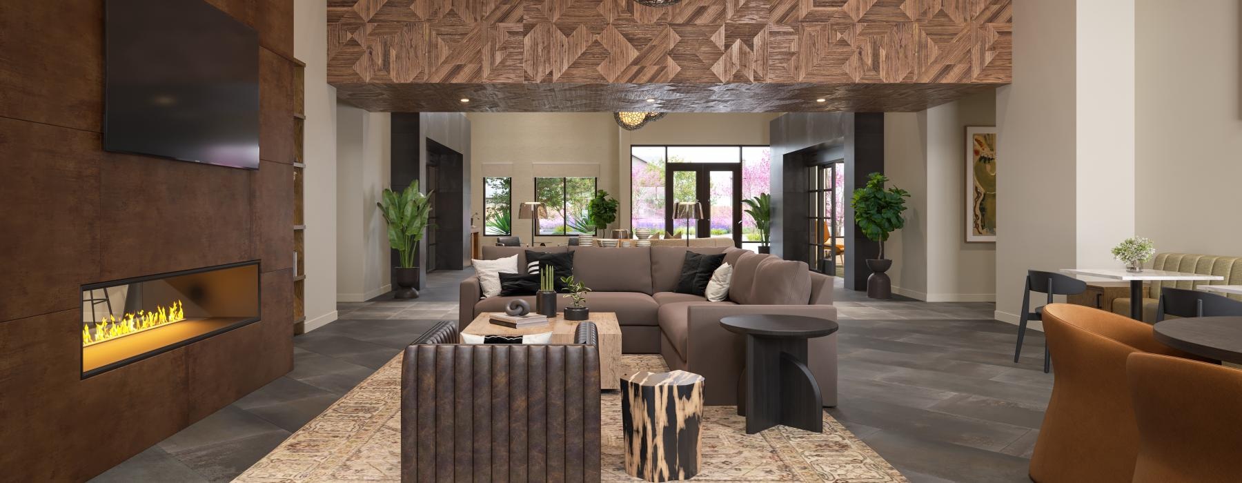 a living room with a large chandelier and a large rug and a fire place